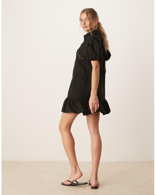 ASOS Black Twill Short Sleeve Broderie Mini Shirt Dress With Tonal Stitching
