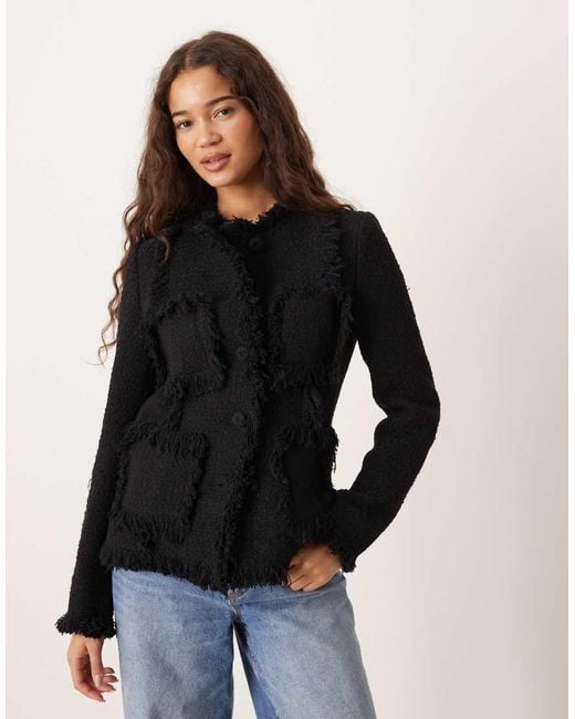 Mango Black Boucle Jacket With Fringe Detail