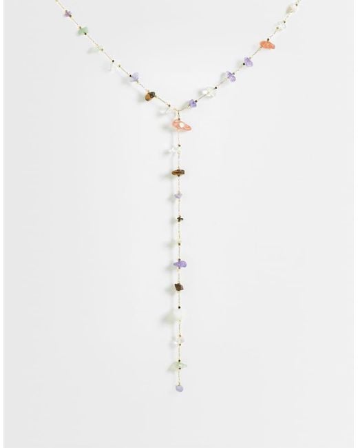 Reclaimed Vintage White Lariat Necklace With Gem Stones