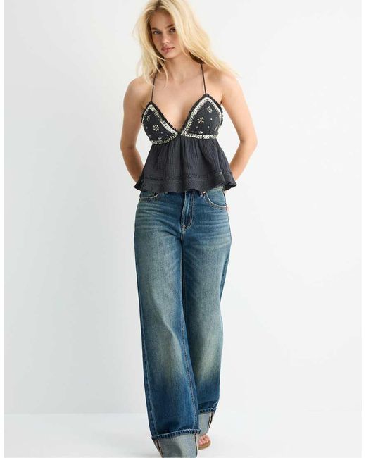 Stradivarius Blue Ruffled Top With Beads