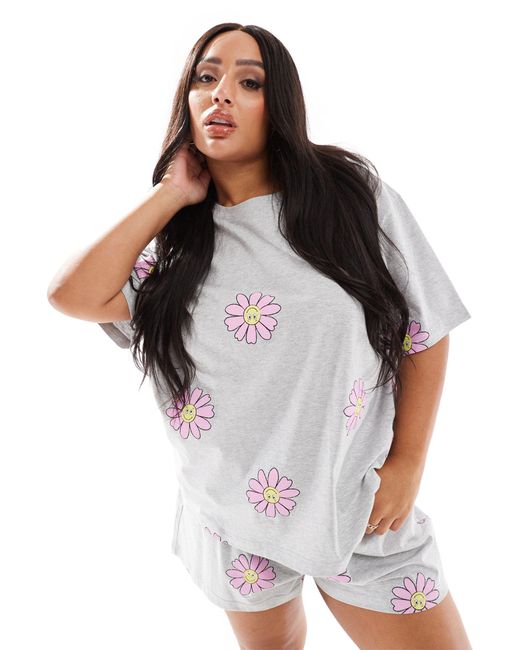 Asos design curve - pyjama avec t-shirt oversize et short à imprimé fleurs ASOS en coloris Gray