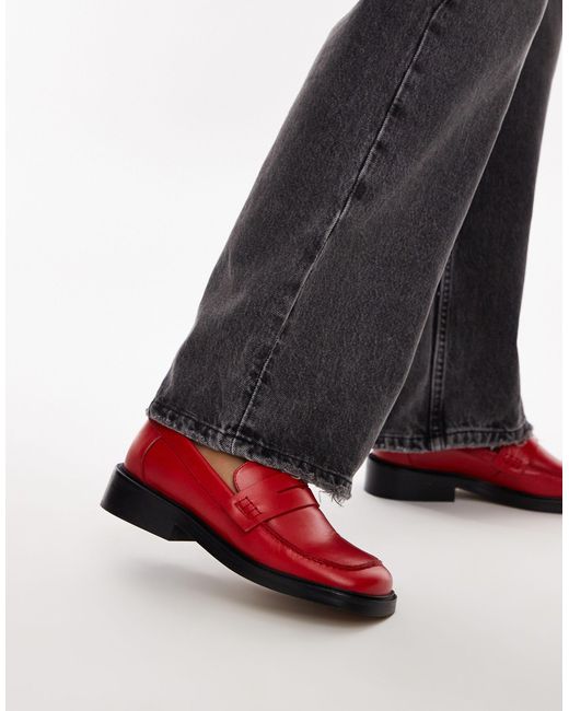 TOPSHOP Red Cole Premium Leather Square Toe Loafers