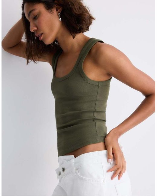 Stradivarius Green Cotton Ribbed Racerback Top