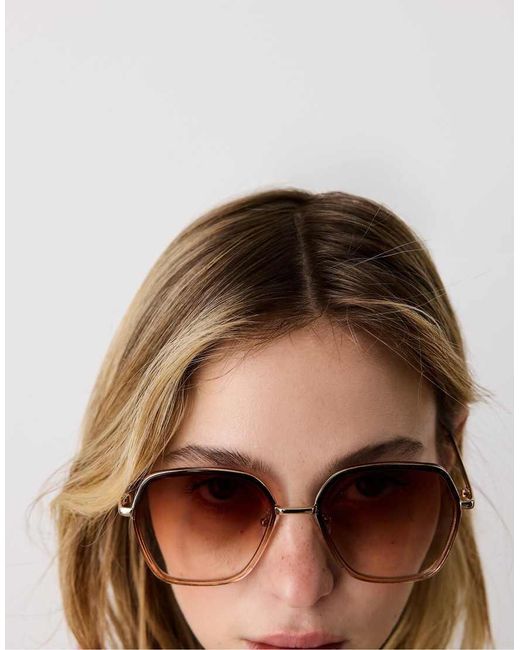 Stradivarius Brown Large Square Metal Sunglasses