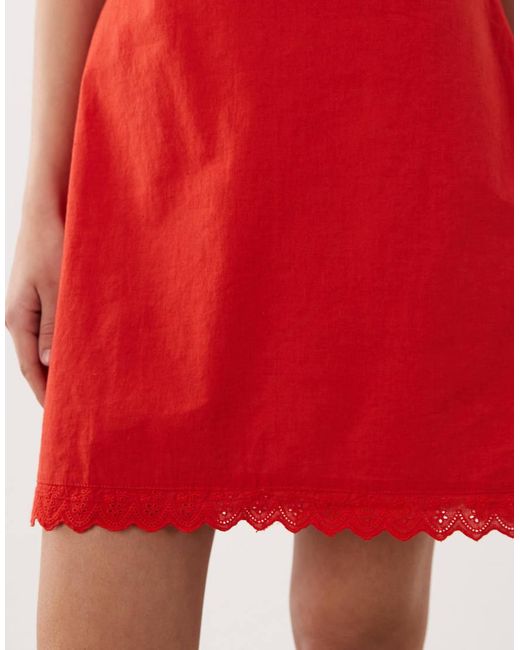 ASOS Red Slash Neck Mini Sundress With Sculpted Bust And Broderie Hem