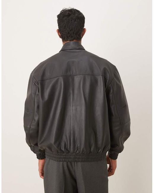ASOS Gray Oversized Real Leather Bomber Jacket for men
