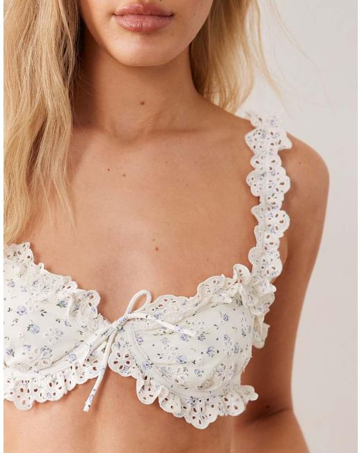 For Love & Lemons White Cape Cod Frill Detail Bikini Top Co-ord