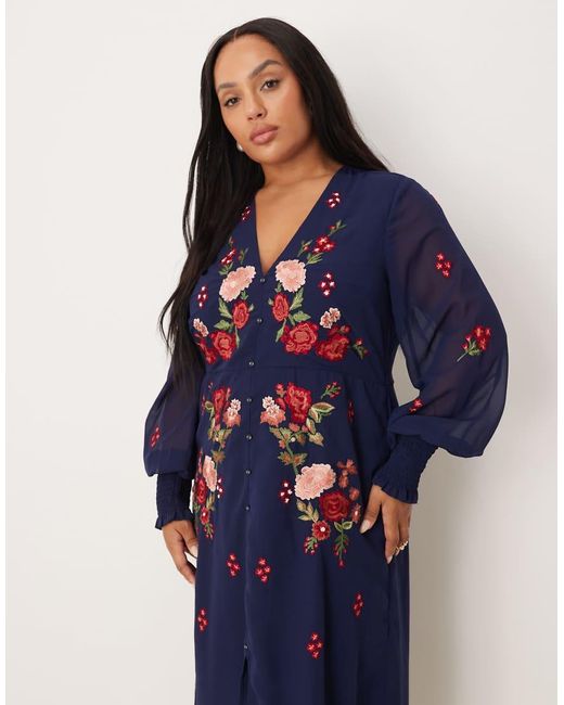 Hope & Ivy Plus Blue Chiffon V Neck Button Front Floral Embroidered Midi Dress