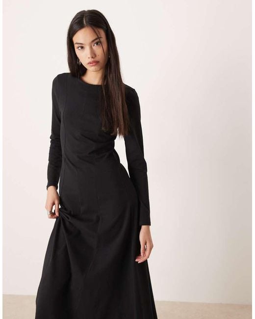 ASOS Black Long Sleeve Seam Detail Midi Dress