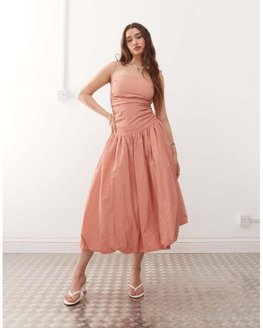 Amy Lynn Pink Alexa Tie Shoulder Puffball Nylon Midi Dress