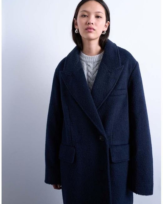TOPSHOP Blue 3 Button Brushed Coat With Wool