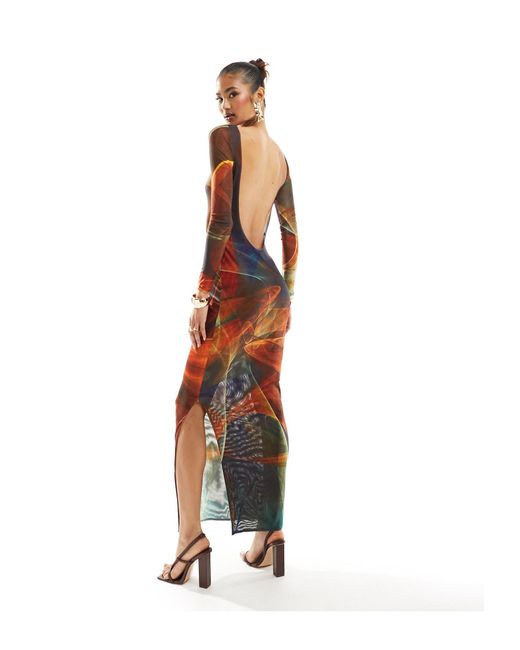 FARAI LONDON Multicolor Anayah Mesh Long Sleeve Backless Column Maxi Dress