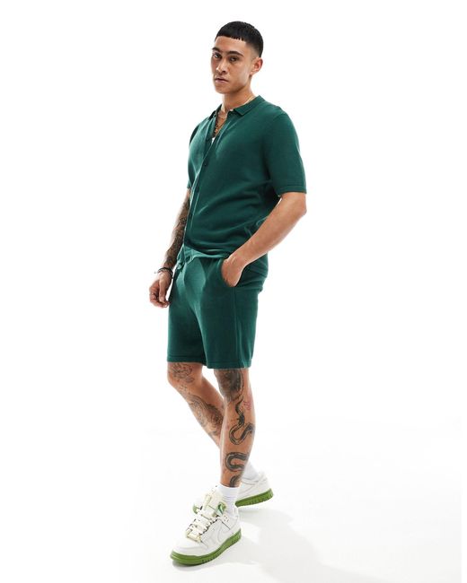 ASOS Green Co-ord Midweight Knitted Cotton Button Through Polo for men