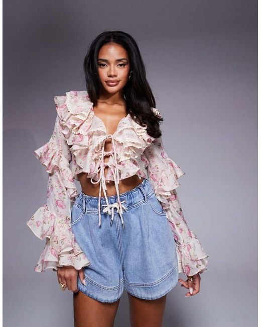 ASOS Gray Jacquard Exaggerated Ruffle Blouse