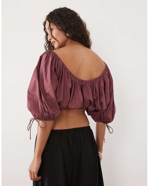Mango Red Cotton Mix Cropped Balloon Sleeve Top