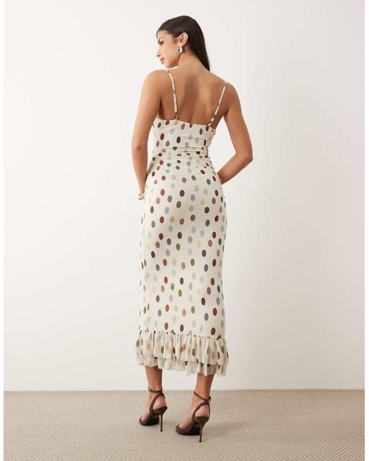 ASOS Natural Printed Polka Dot Stretch Chiffon Midi Dress With Frill Bust Detailing