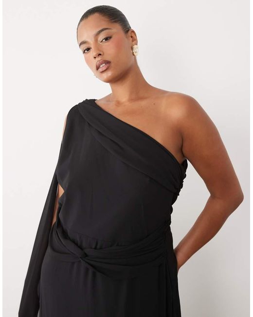 Tfnc Plus Black Chiffon One Shoulder Twist Waist Draped Maxi Dress