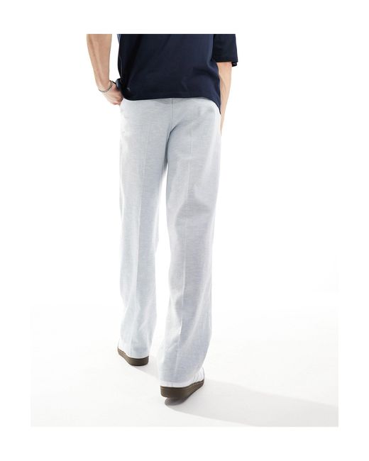 ASOS Blue Linen High Waist Wide Leg Smart Trousers for men