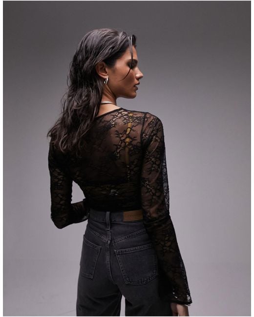 TOPSHOP Black Long Sleeve Lace Bodysuit