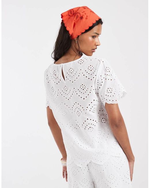Pieces White Short Sleeve Broderie Top Co-ord