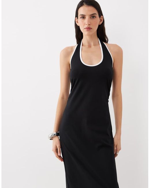 ASOS Black Halter Midi Dress With White Contrast Trim