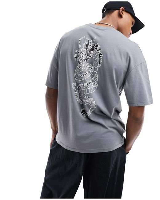 Jack & Jones Blue Washed Oversized T-shirt With Dragon Back Print for men
