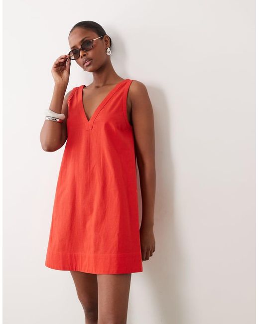 ASOS Red Cotton Linen V Neck Smock Mini Dress