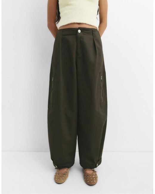 Pull&Bear Green Pleated Balloon Fit Cargo Trousers