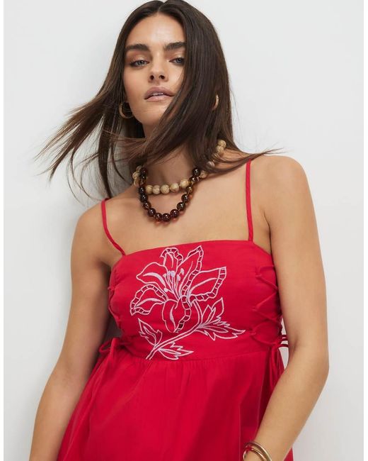 River Island Red Cotton Broderie Tie Side Midi Dress