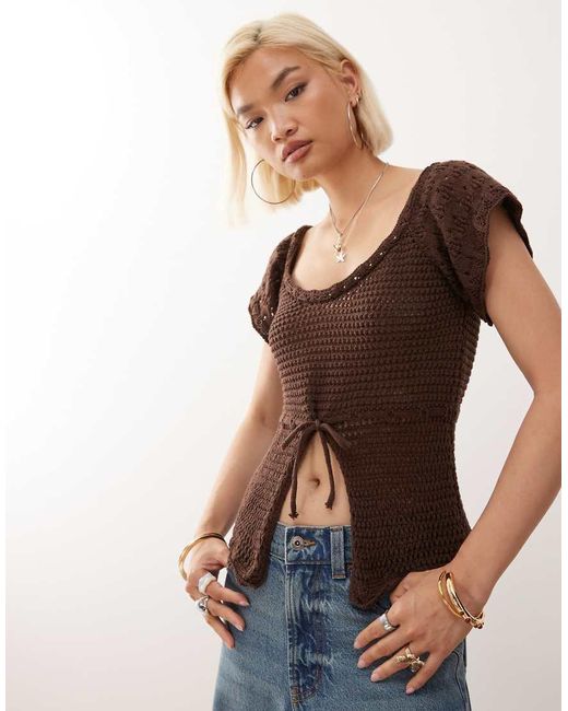 Reclaimed Vintage Brown Crochet Knitted Split Front Top