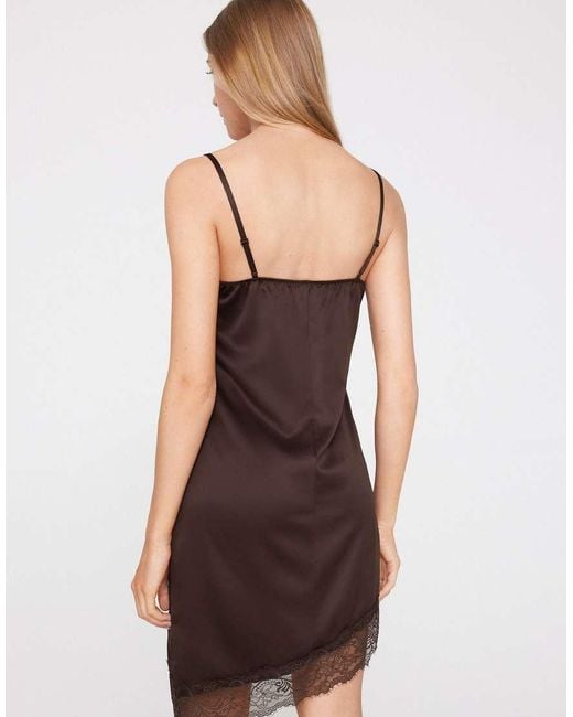 Tezenis Brown Asymmetric Satin And Lace Slip Dress