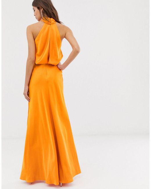 orange halter neck maxi dress