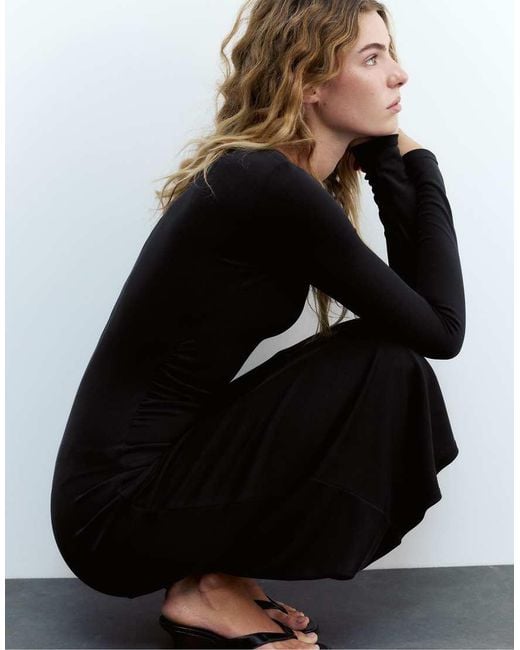 Pull&Bear Black Draped Midi Dress