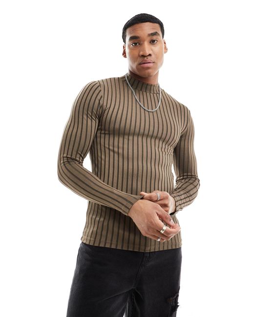ASOS Brown Muscle Fit Long Sleeve T-shirt With Turtle Neck for men