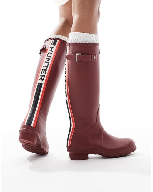 Botas De Agua Altas Vino Con Logo Tricolor Original De Hunter de color Red