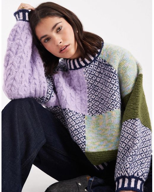 Pieces Purple Premium Textured Patchwork Knit Sweater