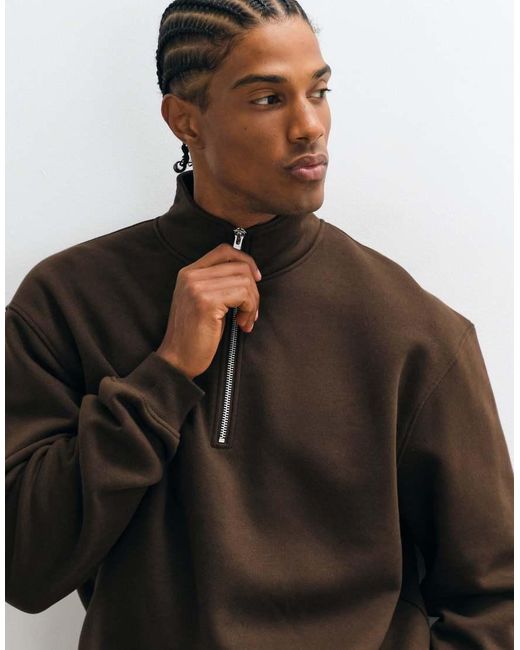 ASOS Brown Essentials Relaxed Quarter Zip Sweatshirt for men