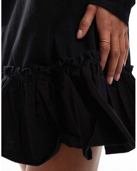 Miss Selfridge Black Long Sleeve Poplin Frill Detail T-shirt Dress