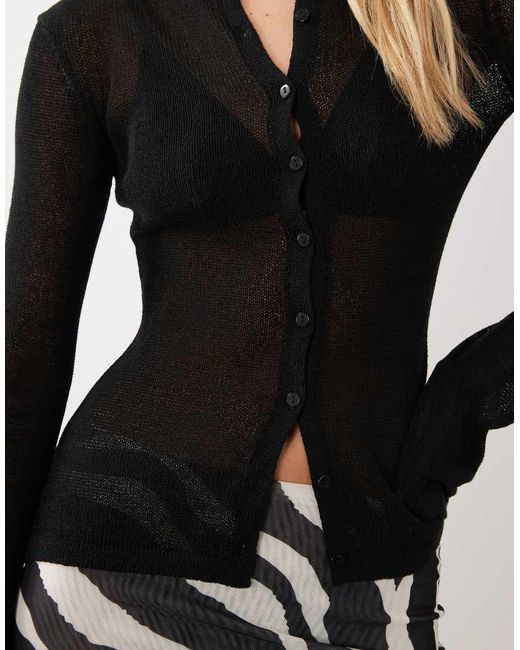 SNDY'S Black Fine Knit Button Through Flare Sleeve Cardigan Top