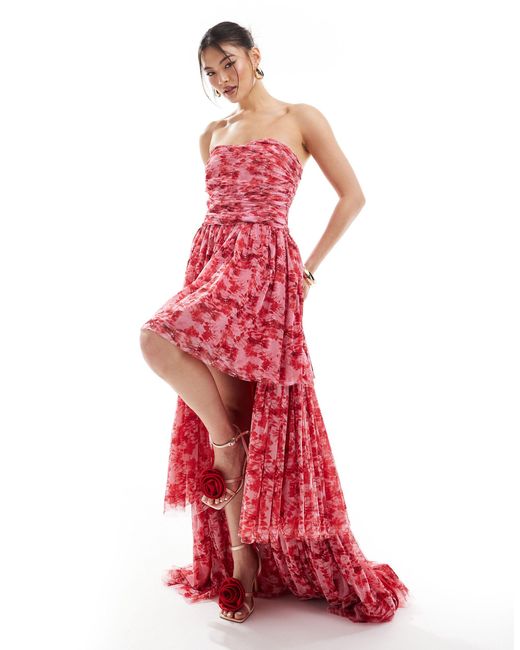 LACE & BEADS Red Bandeau Tulle Maxi Dress