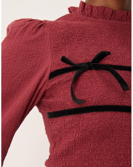 Neon Rose Red Shir Long Sleeve Blouse With Velvet Ties