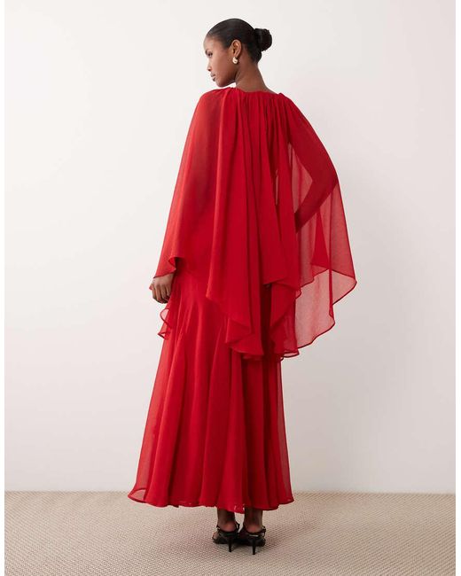 ASOS Red Full Cape Sleeve Maxi Dress With Ruffles