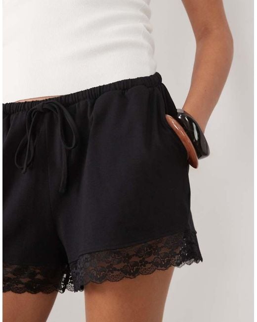 ASOS Black Satin Lace Trim Draw Cord Shorts Co-ord