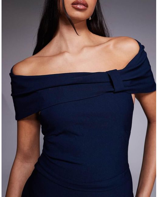 Vesper Blue Bengaline Deep Bardot Cinch Detail Side Split Maxi Dress