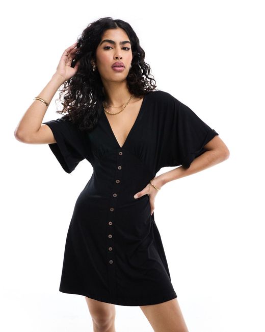 ASOS Black Roll Sleeve Button Front Mini Tea Dress
