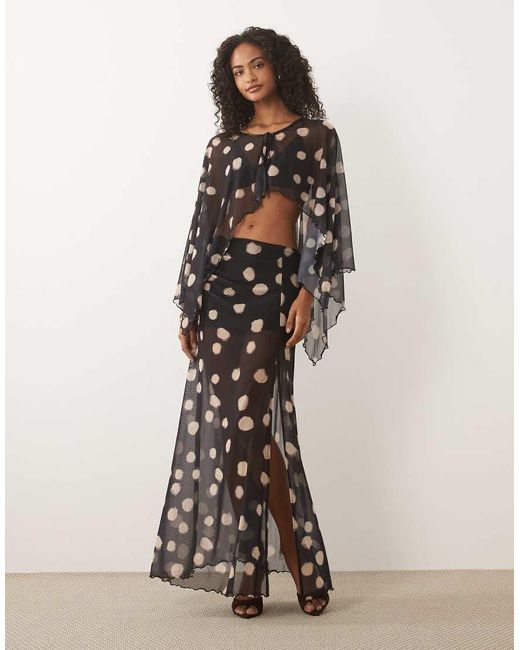 ASOS Gray Co-ord Printed Mesh Caped Tie Front Top