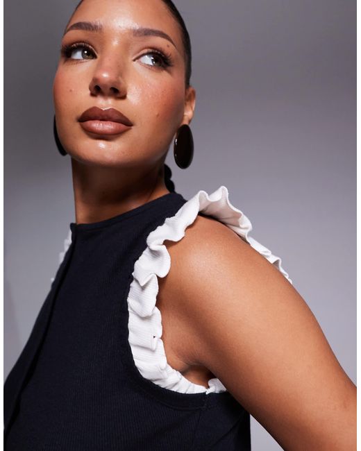 ASOS Blue Mini Rib Monochrome Button Through Top With Frill Shoulder