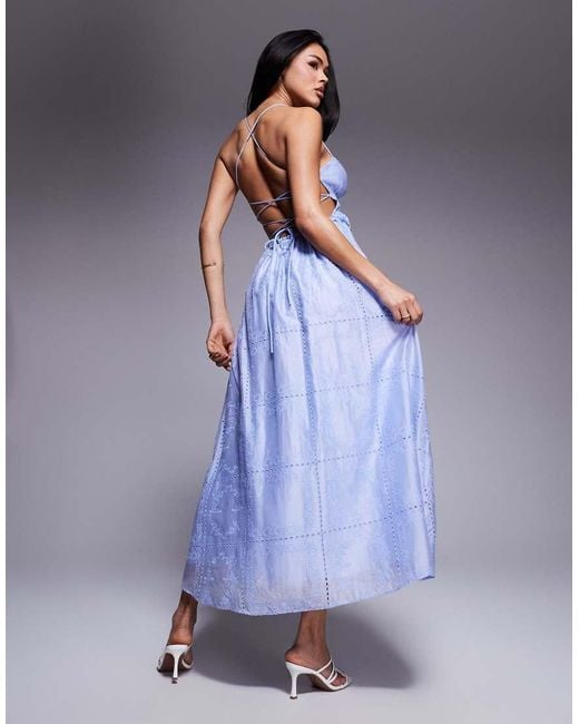 Love Triangle Purple Embroidered Midaxi Dress With Shirred Waist And Lace Up Back