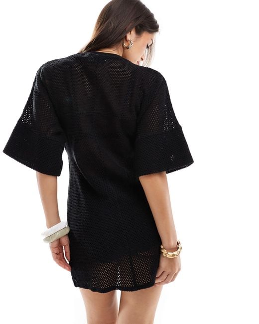 ASOS Black Crochet T Shirt Tuck Mini Dress