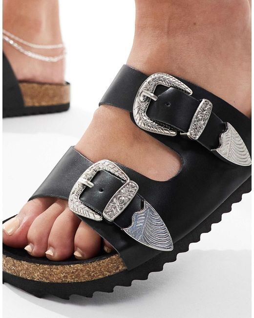 Asos Design Wide Fit Natural Famous Double Strap Western Sandals